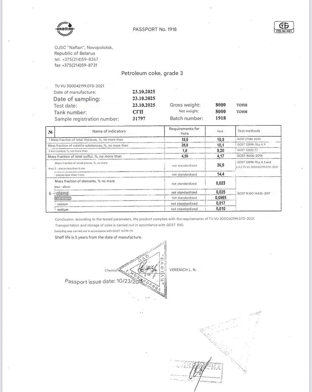 Паспорт на кокс 1